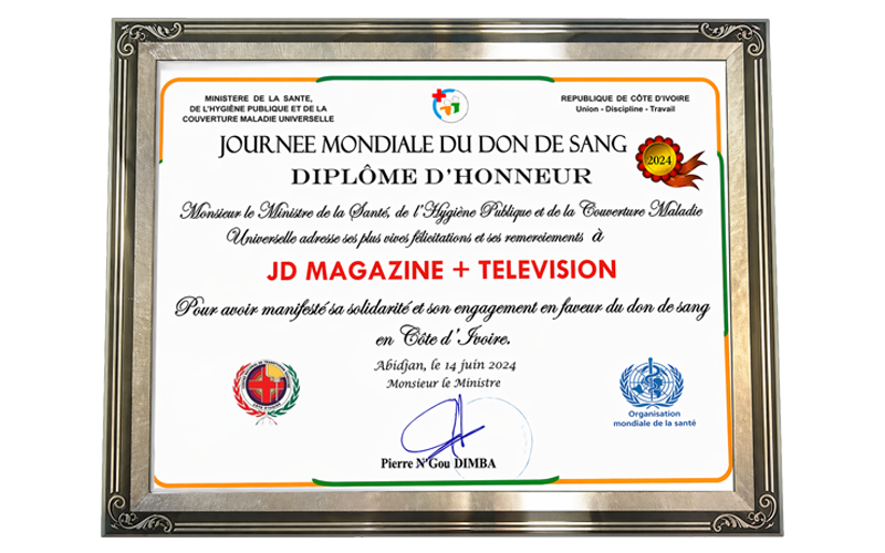 « Diplôme d'Honneur », décerné dans le cadre de la Journée Mondiale du Don de Sang.