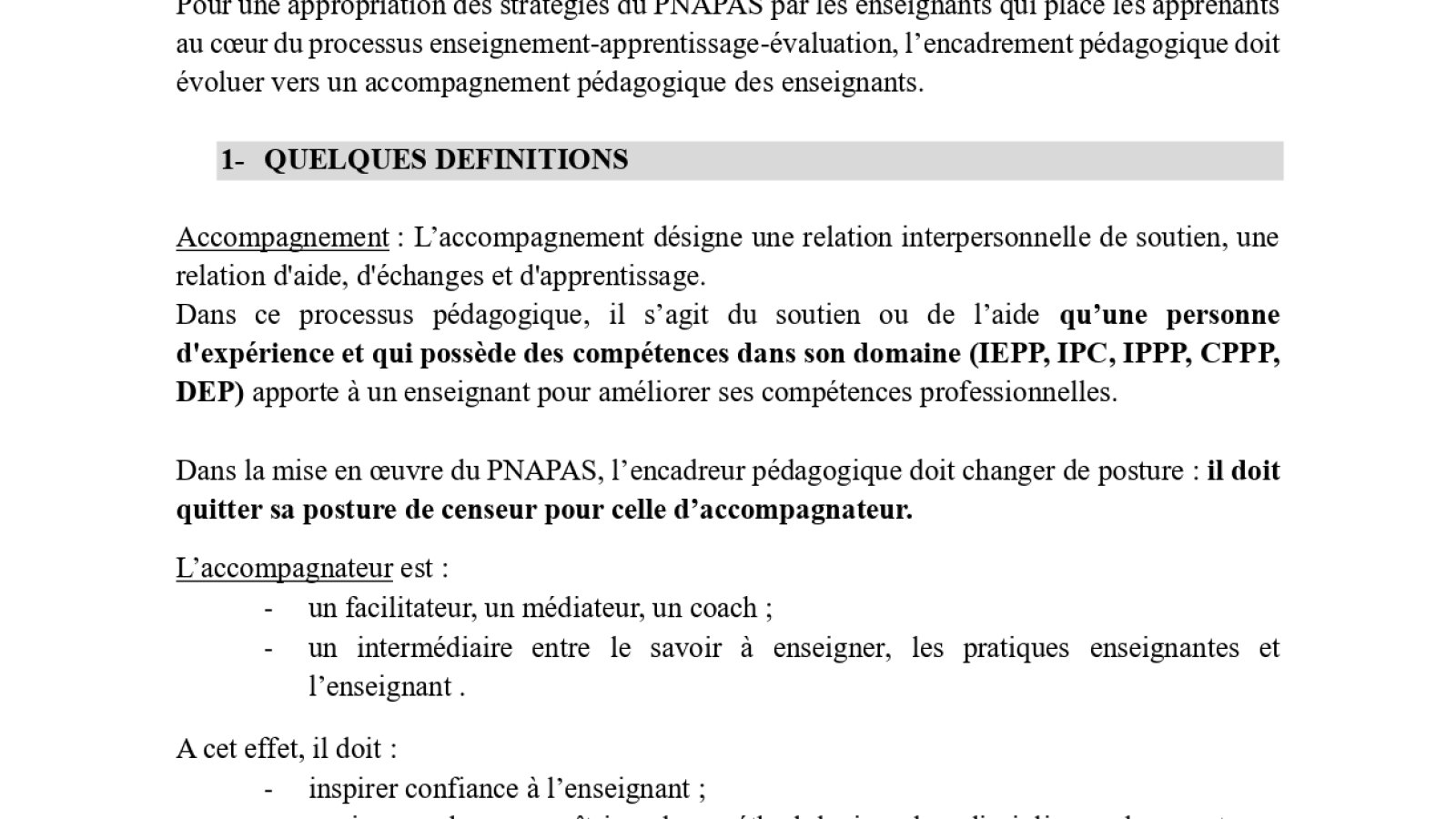GUIDE DE SUIVI ET D’ACCOMPAGNEMENT PEDAGOGIQUE DES ENSEIGNANTS DANS LA MISE EN ŒUVRE DU PNAPAS