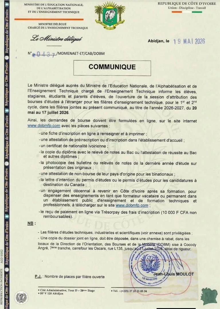 Bourses d’études à l’étranger 2026-2027 : Pour les formations Techniques et Professionnelles